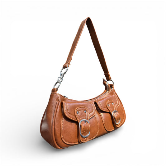 Brown Double-Pocket Shoulder Bag | Extra-Long Strap