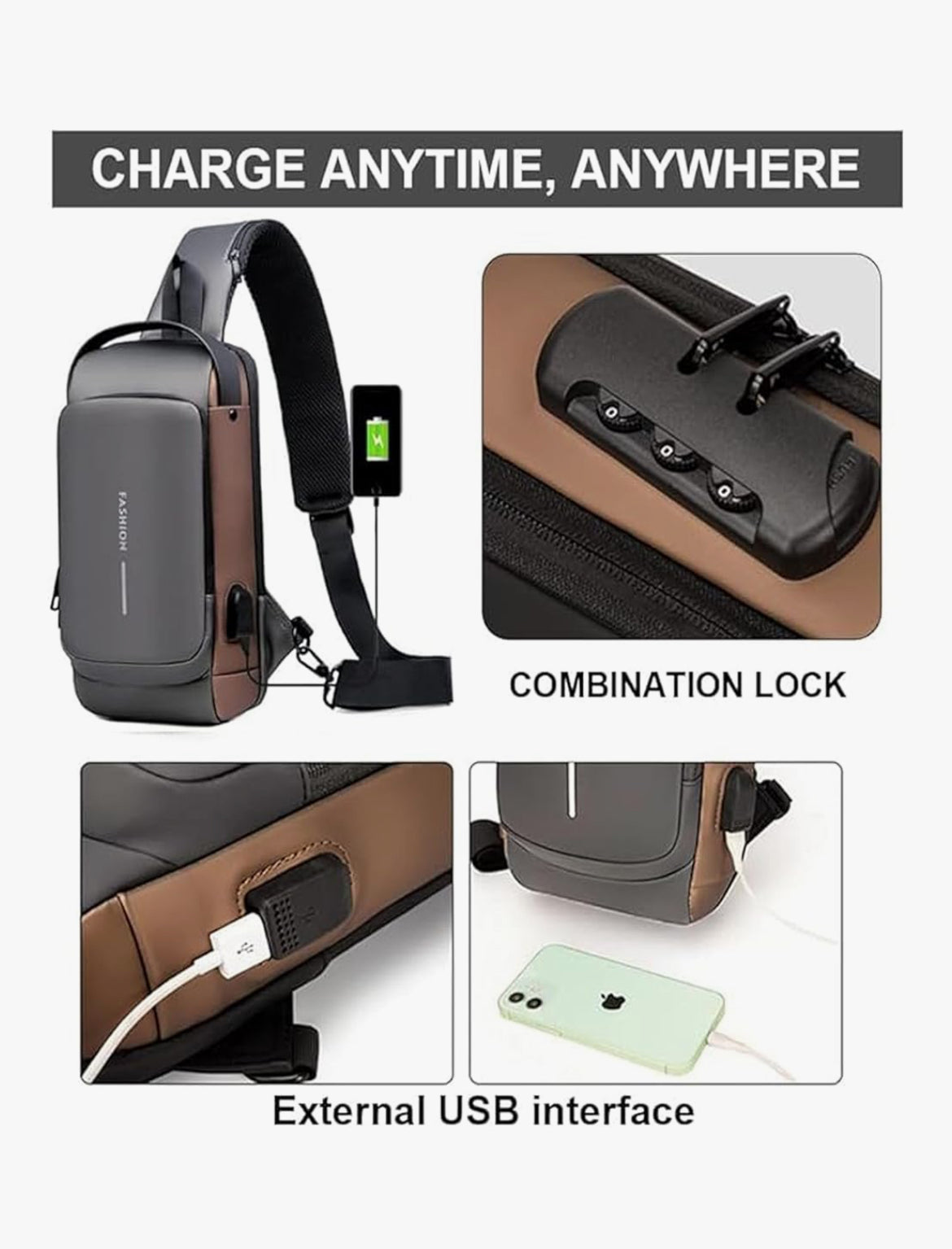Comfabie PU Leather Anti-Theft Sling Bag with USB Charging Port – Waterproof Crossbody Backpack for Men & Women
