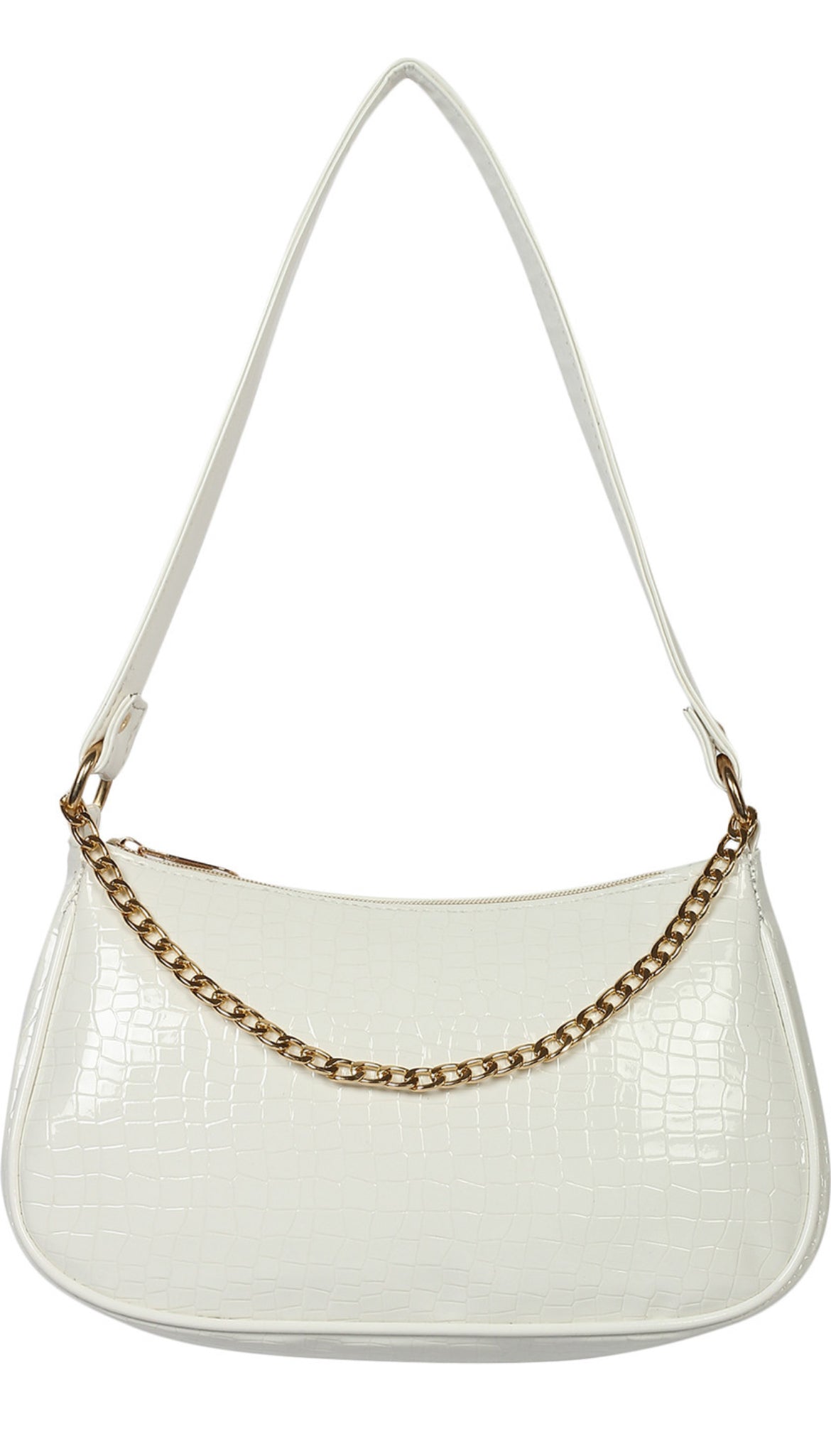 White Croc-Texture Shoulder Bag with Gold Chain