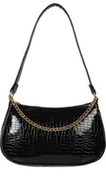 Black Croc-Texture Shoulder Bag with Gold Chain