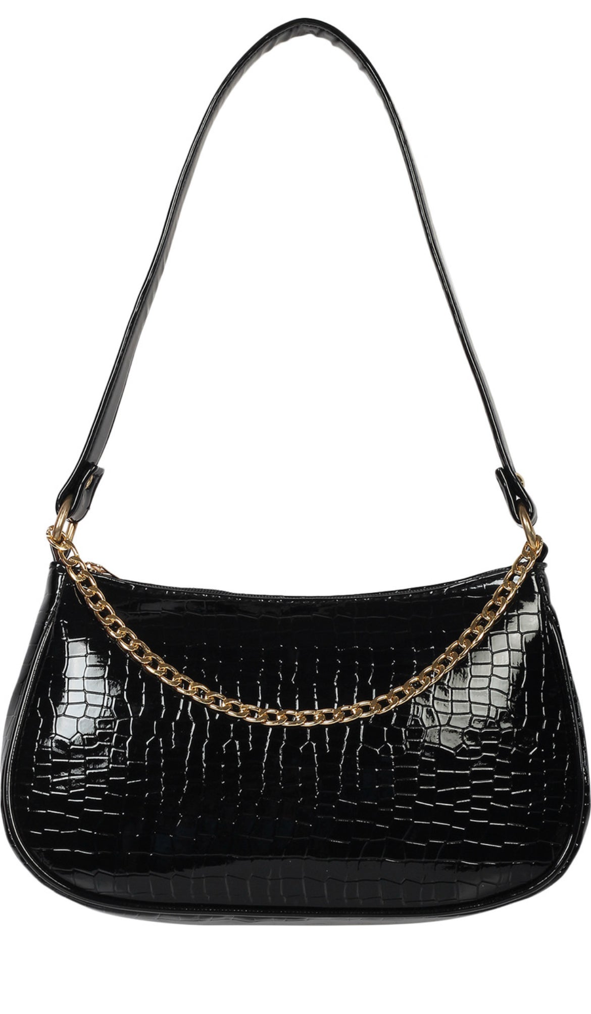 Black Croc-Texture Shoulder Bag with Gold Chain