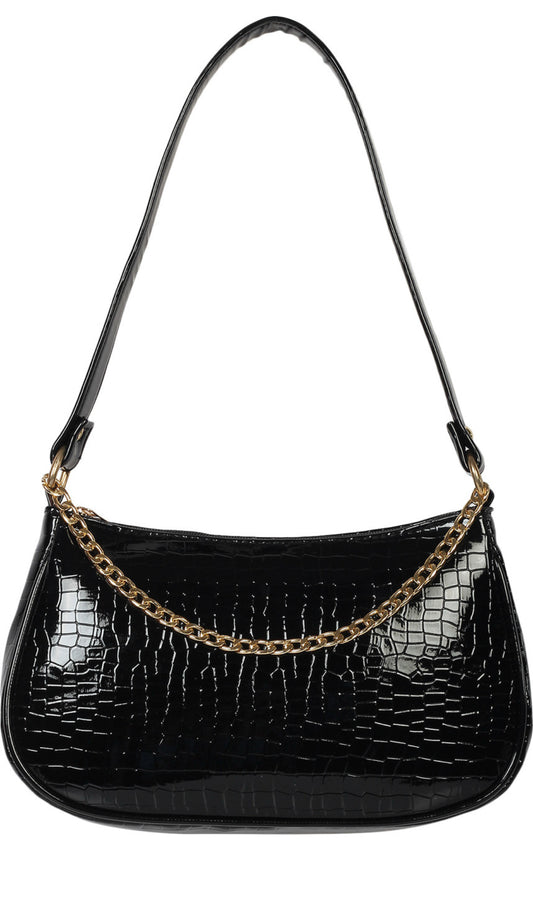 Black Croc-Texture Shoulder Bag with Gold Chain