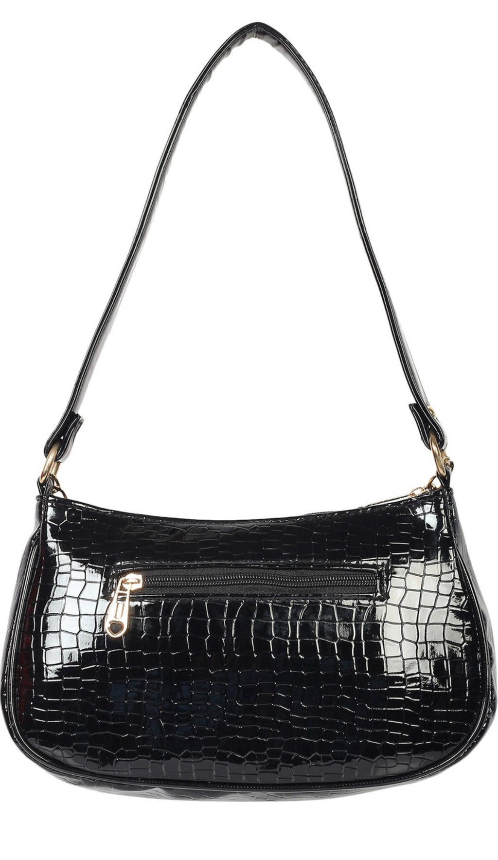 Black Croc-Texture Shoulder Bag with Gold Chain