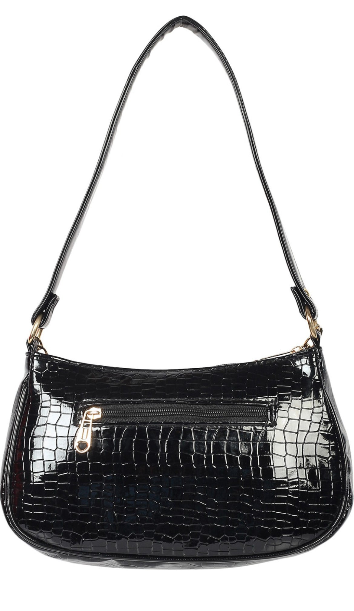 Black Croc-Texture Shoulder Bag with Gold Chain