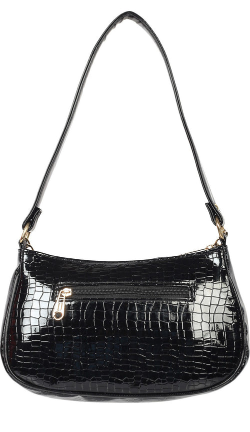 Black Croc-Texture Shoulder Bag with Gold Chain