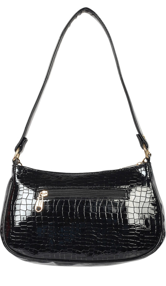 Black Croc-Texture Shoulder Bag with Gold Chain