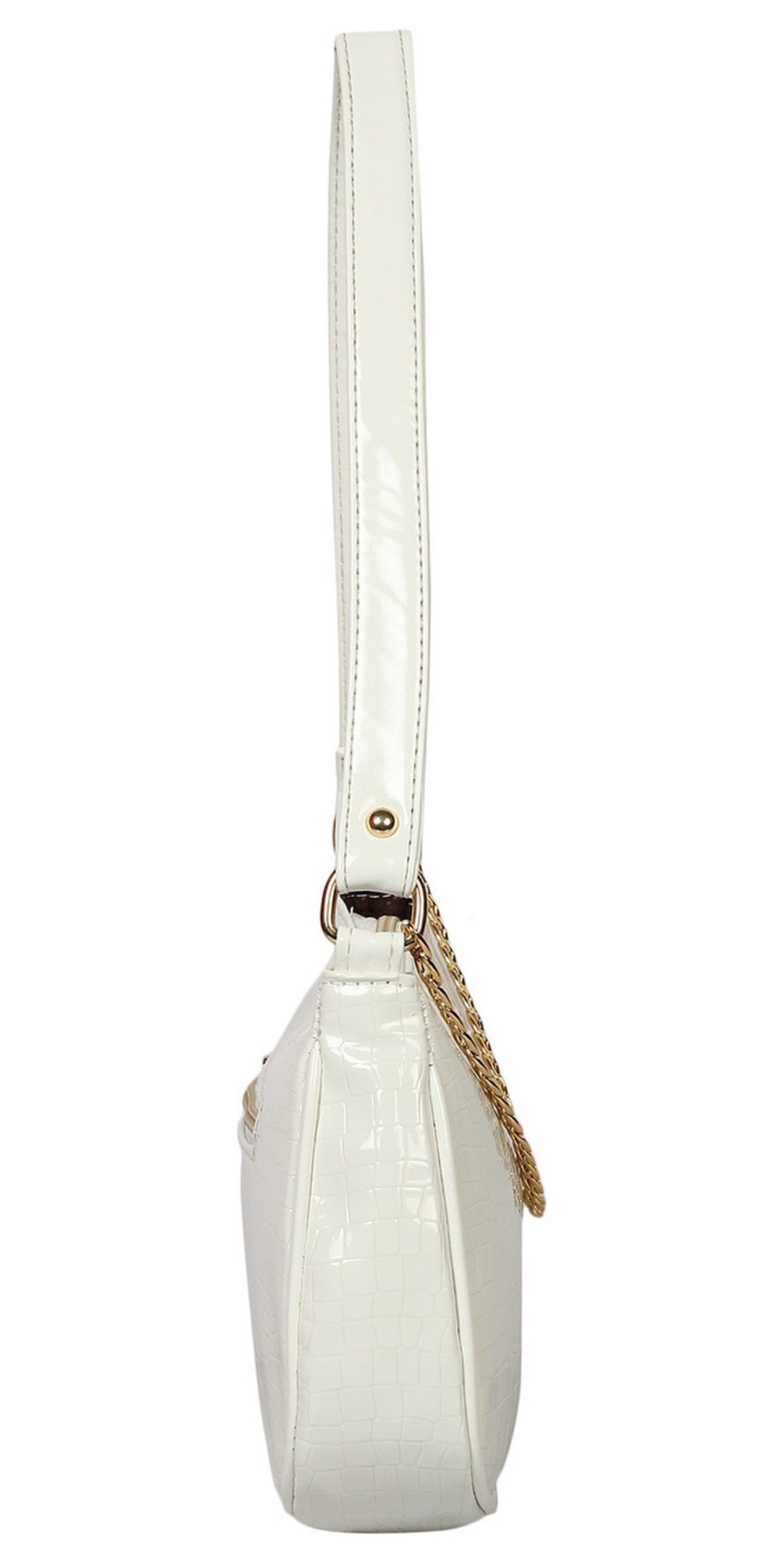 White Croc-Texture Shoulder Bag with Gold Chain