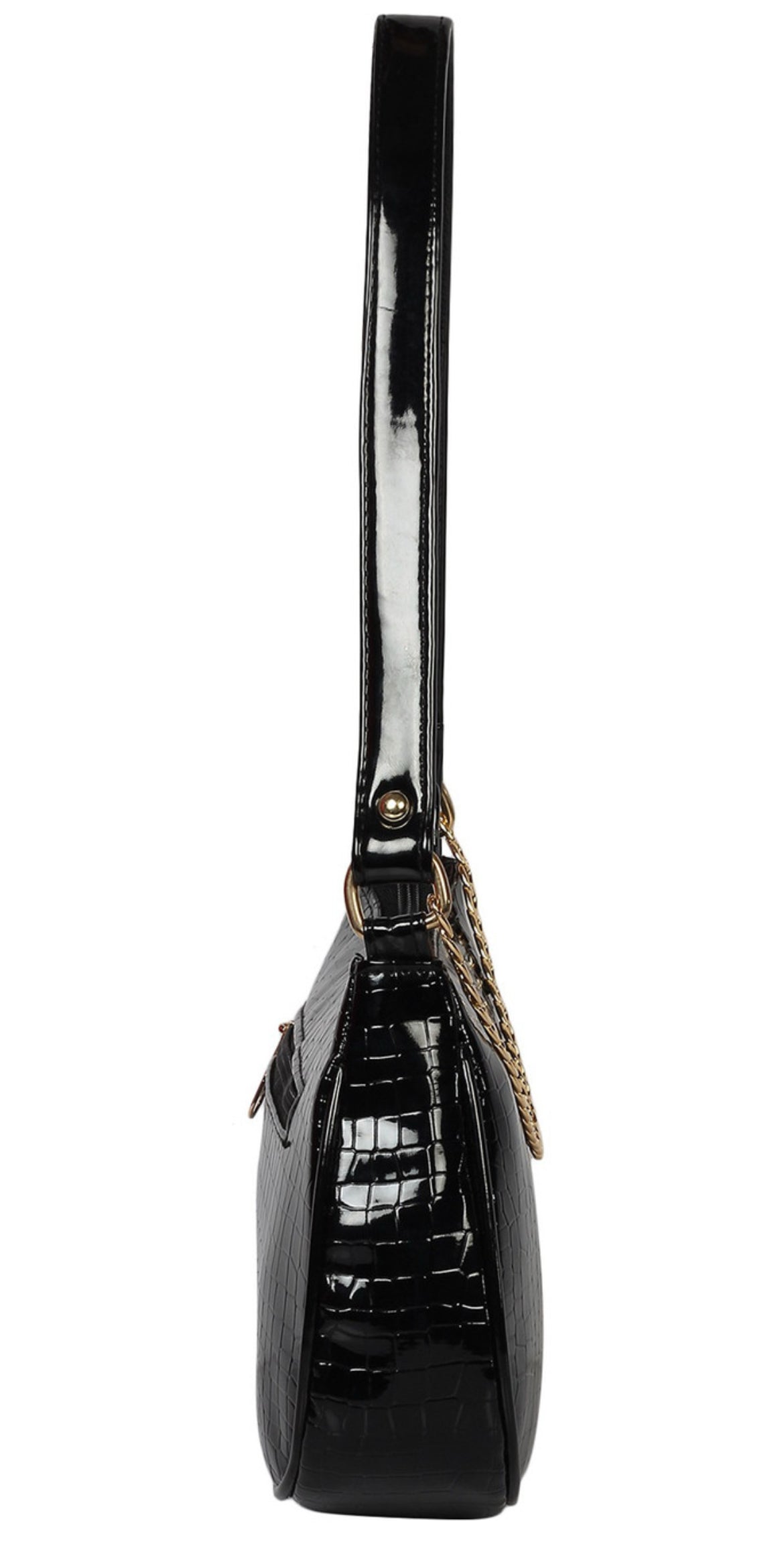 Black Croc-Texture Shoulder Bag with Gold Chain