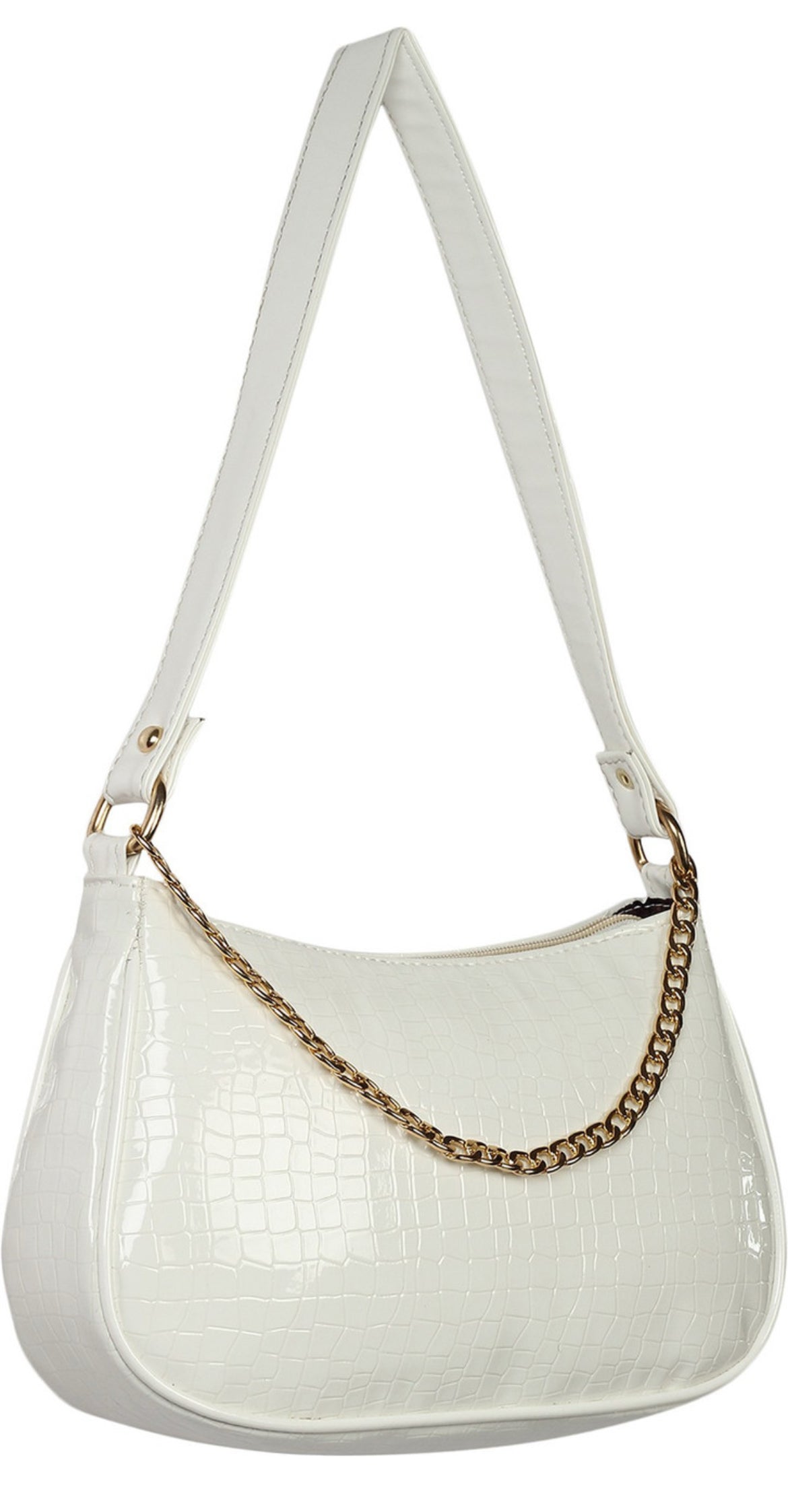White Croc-Texture Shoulder Bag with Gold Chain