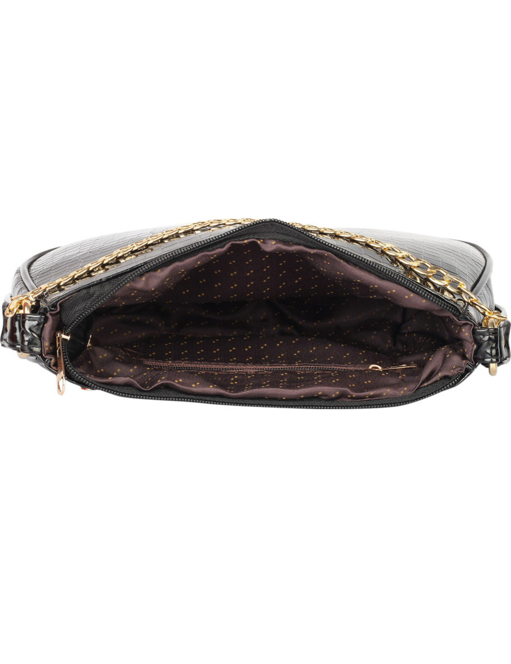 Black Croc-Texture Shoulder Bag with Gold Chain