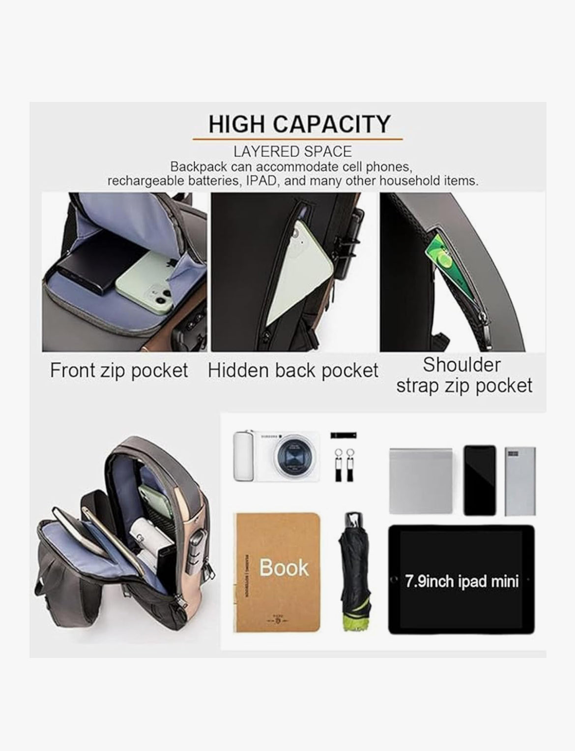 Comfabie PU Leather Anti-Theft Sling Bag with USB Charging Port – Waterproof Crossbody Backpack for Men & Women