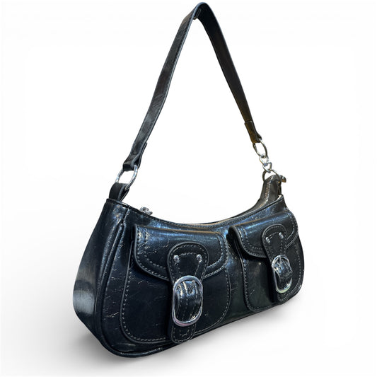 Black Shoulder Bag with Double Pockets & Extra-Long Adjustable Strap | Korean Crossbody Style