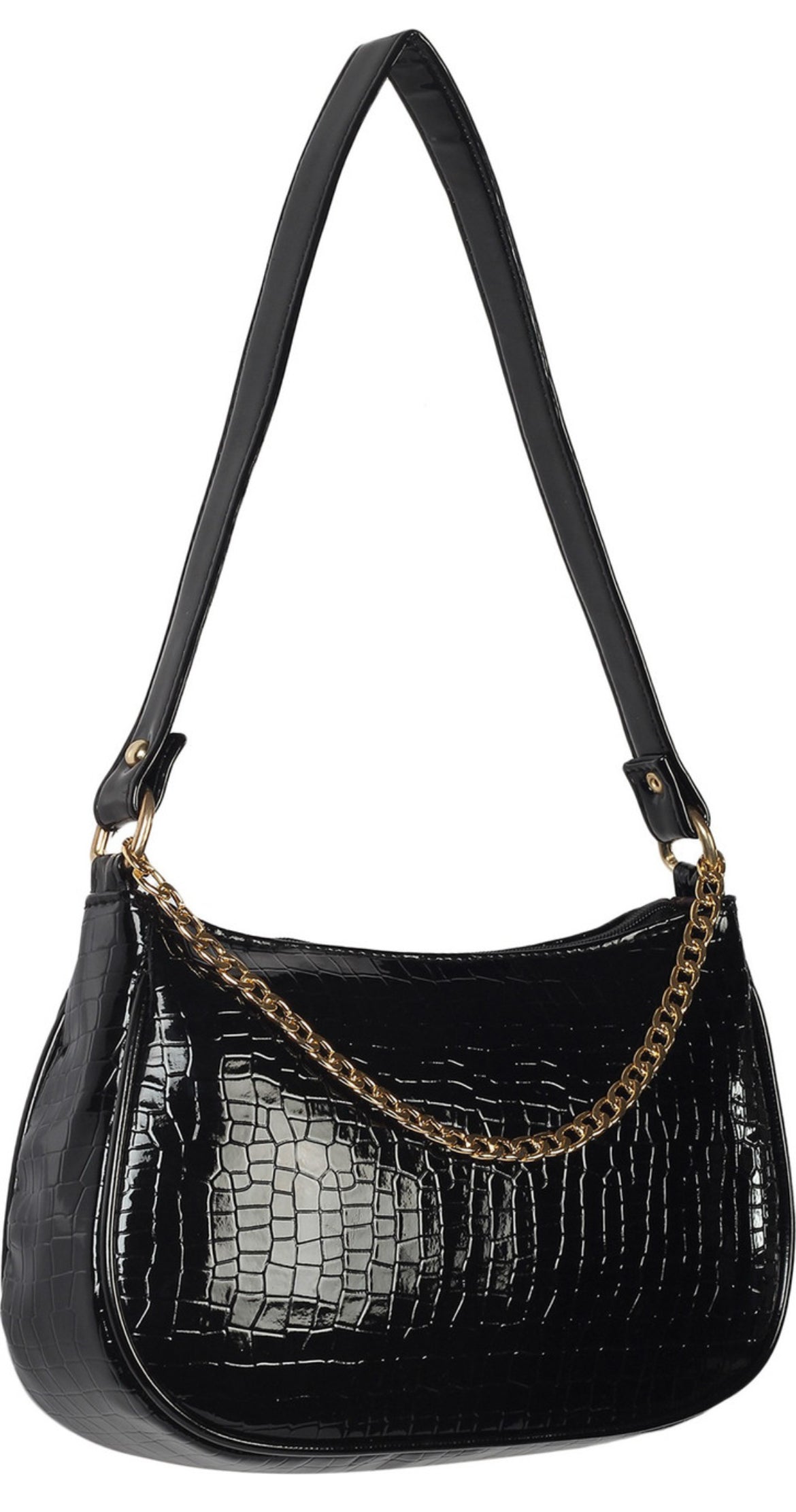 Black Croc-Texture Shoulder Bag with Gold Chain